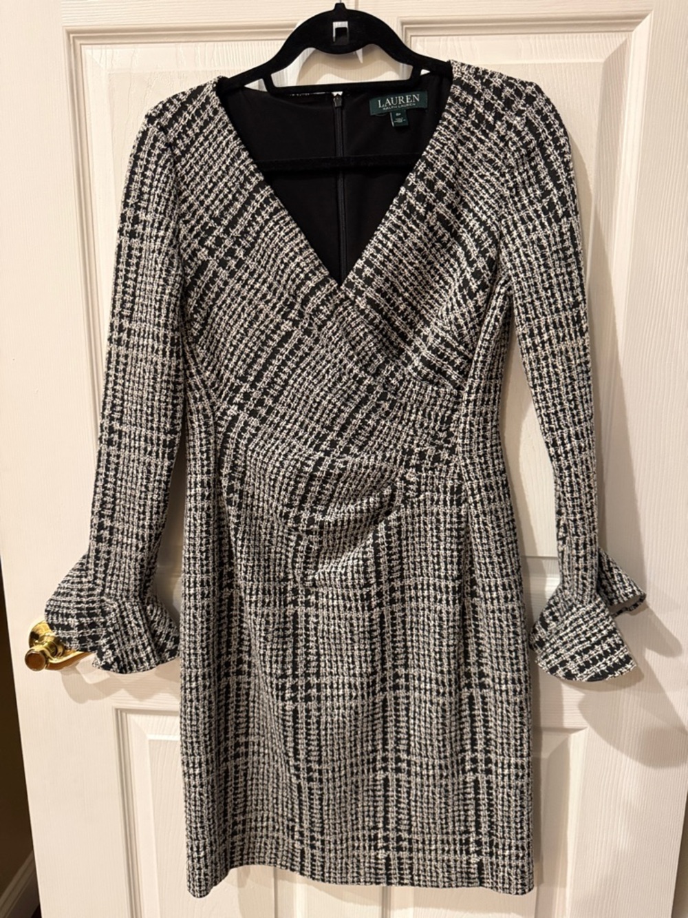 Lauren Ralph Lauren Black and White Tweed Long-Sleeve Faux Wrap Dress